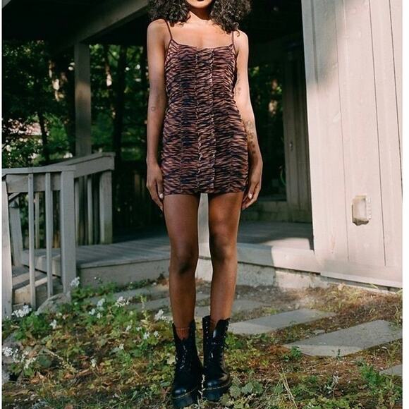 Urban Outfitters Ruched Mesh Mini Dress Animal Leopard Brown Y2K Bodycon - Picture 1 of 8